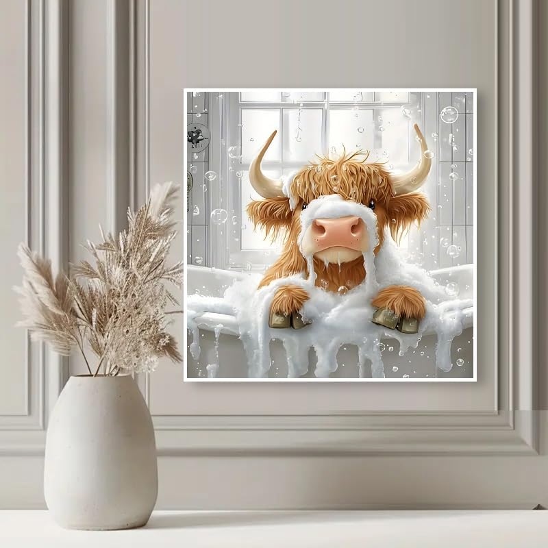 KYOQFVN Cow Diamond Art Kits for Adults, 5D Highland Cow Diamond Painting Kits for Adults, DIY Full Round Drill Paint by Diamonds Dot Gem Art for Home Wall Decor 14x14 Inch