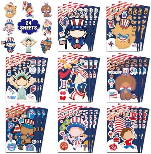 4th of July Outfits for Women - 24Pcs Patriotic Stickers, Make-a-face Stickers,Fourth of July Decorations Accessories Party Favors Supplies for Memorial Day Classroom DIY Crafts Party Decorations