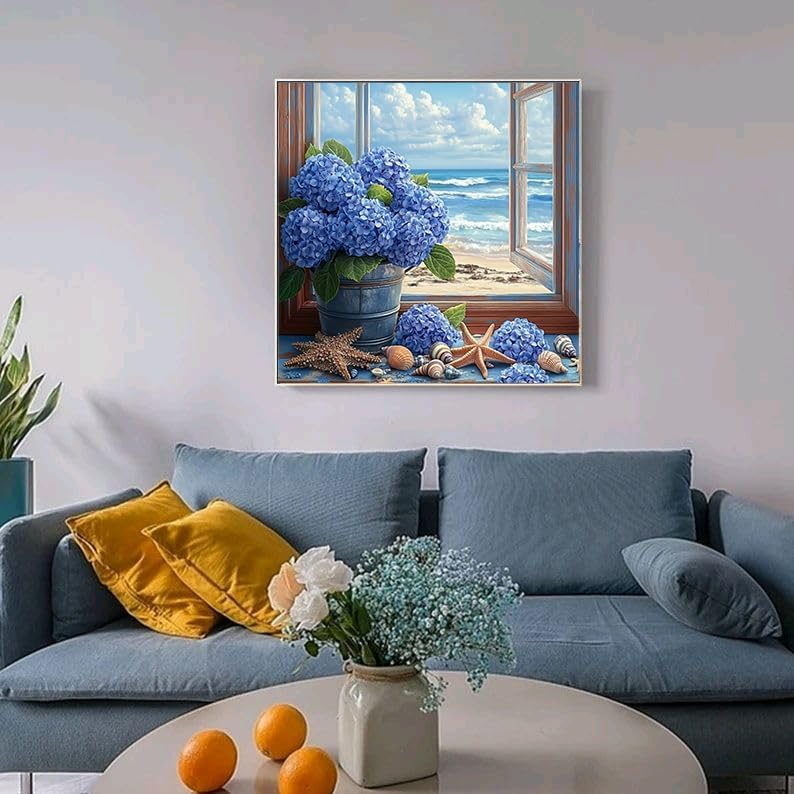 GEWOUVIN Window Side Hydrangea Diamond Art Kits for Adults,Seaside Diamond Painting Kits for Adults Beginners,DIY Full 5D Round Drill Gem Art Kits for Gift Home Wall Decor【13.8x13.8inch】