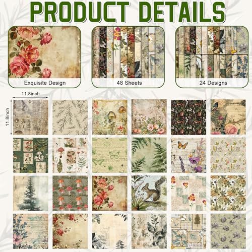 48 Sheets Vintage Forest Scrapbook Paper,Vintage Forest Pattern Decorative Scrapbook Paper for Journals DIY Cards and Photo Albums,Aesthetic Craft Supplies