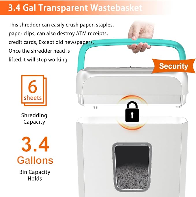Bonsaii High Security Shredding Paper Shredder, 6-Sheet Cross-Cut, Credit Card Shredder, Home Office, Handle for Document, Mail, Staple, 3.4 Gal Wastebasket, White & Blue