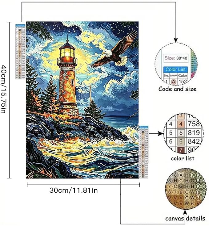 YUXUANKANG Diamond Painting Kit, Lighthouse and Eagle Scene, 12x16 Inch, DIY Craft Activity for Adults, Multicolor Resin