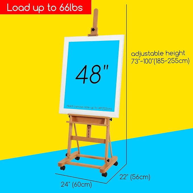 MEEDEN Studio Wood H-Frame Easel: Art Easel with Storage for Artist | Wooden Artist Painting Easel on Wheel - Floor Easel with Movable Tilting for Adults Artist Art Students Beginners Natural