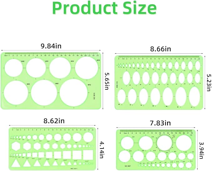 4 Pcs Drawing Template Drafting Stencil Ruler Circle and Oval Templates Plastic Drawing Measuring Rulers Geometric Drawings Stencils for Office and School Building Formwork Drafting Tool (Green)