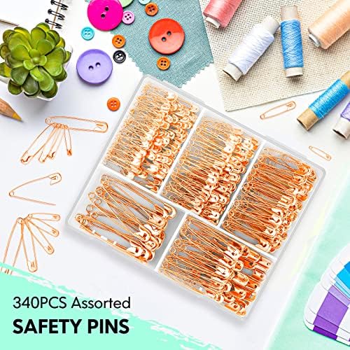 340 Pack Safety Pins Assorted, 5 Different Sizes Small & Large, Rose Gold