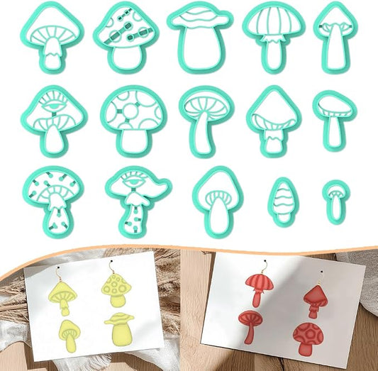 ACRNIGHEET Mushroom Clay Cutters - 15pcs 3D Clay Cutters for Polymer Clay, Clay Cutters Shapes Mushroom, Cookie Cutter, DIY Earring Making Tools with Storage Box