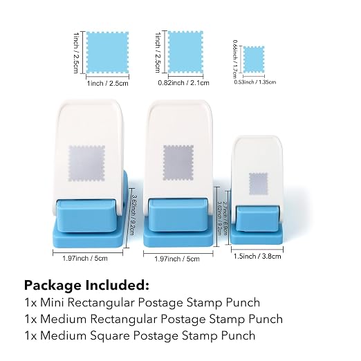 3 Pcs Stamp Punch, 1x0.8inch Medium Stamps Shaped Punch, 1 Inch Square Stamps Hole Puncher, 0.6x0.5 Inch Mini Rectangle Stamp Cutter, Lever Craft Paper Punches for Crafting Diy Scrapbooking Journaling