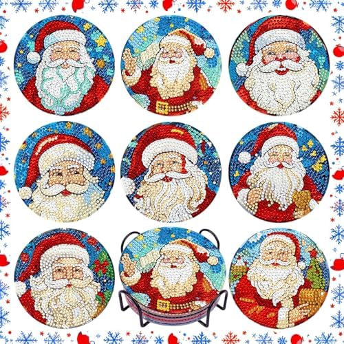 DOTSOPS 8 Pcs Diamond Art Coasters with Holder for Adults Beginners Diamond Craft for Christmas Birthday Gifts (Santa Claus)