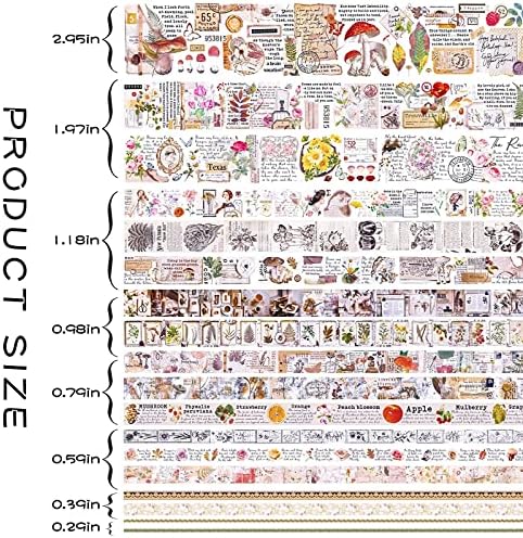 Vintage Washi Tape 18 Rolls & 15 Flower Stickers Set,75/50/30/25/20/15/10/5mm Wide Mushrooms,Butterfly,Floral,Letter Decorative Masking Tape Set for Journaling,Scrapbook Supplies, Arts&Crafts(Forest)