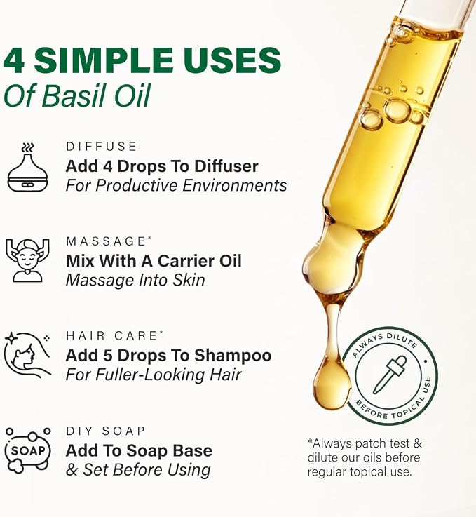 Kukka 100% Pure Basil Essential Oil for Skin, Diffuser, 4 Fl Oz | Undiluted Basil Oil for Scalp Care, Clarifying Skin Care, Uplifting Diffuser Blends & DIY Soap Making