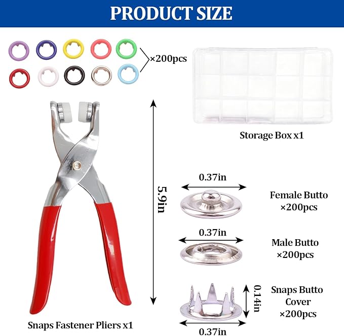 200 Sets Snap Button Kit with 10 Colors,Metal Snaps Buttons with Metal Pliers and Fastener Parts,Multicolor Press Tool Kit Perfect for DIY Clothing and Crafts(9.5mm)