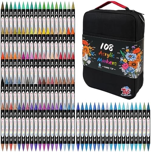 TBC The Best Crafts Acrylic Paint Markers, 108 Colors Dual Tip | Double Zipper Canvas Bag – Waterproof, Non-Toxic, Art Supplies for Wood, Glass, Rock, Ceramic – Gift for Artists & Hobbyists