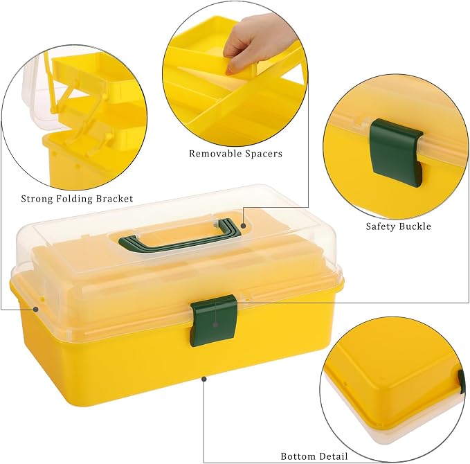 BTSKY 3-Layer Plastic Dividing Storage Box Craft Organizer and Storage | Portable Handled Art Supply Organizer with Adjustable Spacers Multipurpose Home Utility Box for Medicine Sewing(Yellow+Green)
