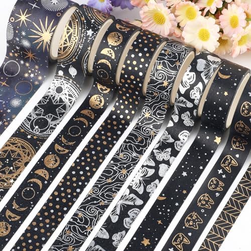 9 Rolls Mystic Gold Washi Tape Set,Gold Foil Vintage Black Pattern Decorative Tape,Butterfly Star Moon Decorative Masking Tapes for DIY Scrapbook Design Journaling Handbook Making Card Wrap Craft Gift