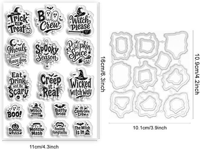 2Pcs Halloween Words Stamps and Dies Set for Card Making | Halloween Theme Clear Stamps and Metal Cutting Dies for Paper Crafting Painting Stencil for DIY Scrapbooking Greeting Card