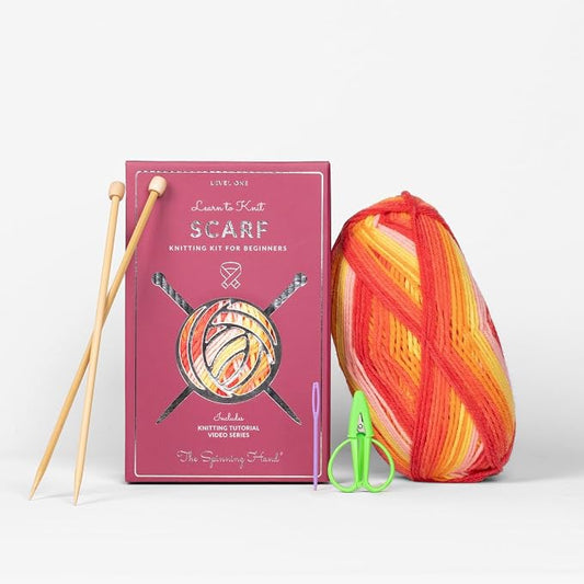 The Spinning Hand Knitting Kit for Beginners Adults – Educator-Designed, Self-Striping Wool Yarn, Bamboo Needles & Video Tutorials (Sunset)