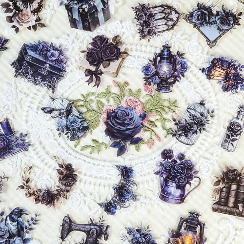 56 Pcs Gothic Rose Stickers Pack – Dark Victorian Aesthetic Scrapbooking Decals, Waterproof Clear Gothic Flowers & Vintage Objects for Journals, Planners, Art Crafts, Laptop Decoration