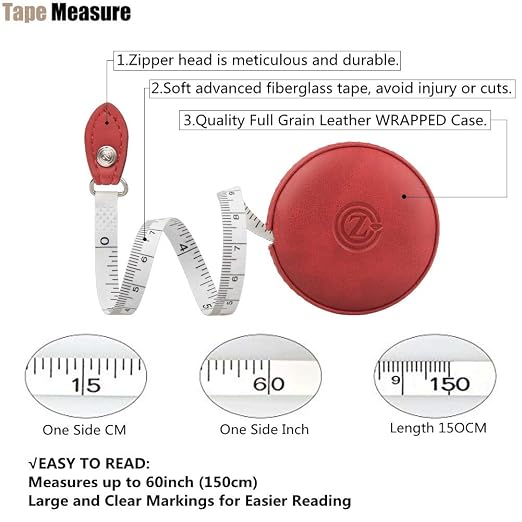 Sewing Tape Measure, Medical Body Cloth Tailor Craft Dieting Measuring Tape, 60 Inch/1.5 M Dual Sided Retractable Ruler with Push Button Round(1 Pack, Red)