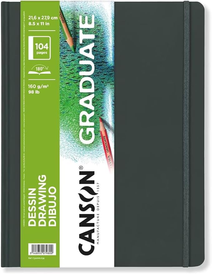 Canson Graduate Drawing Paper Hard Cover Art Journal, 8.5" x 11", 98 lb. (160gsm), Artist Paper for Pencil, Ink, Pen, and Marker Illustration, 52 Sheets/Sketch Book, Class Pack of 10, 520 Sheets Total
