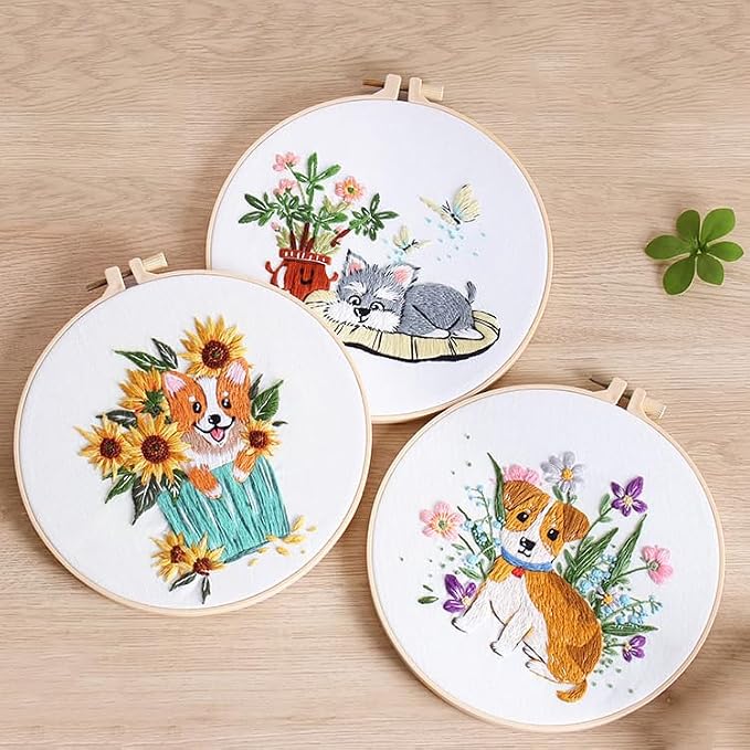 Embroidery Kit for Beginners, Dog Flower Pattern Embroidery Practice Kits | Hand Embroidery Kit, Easy to Follow Instruction and Video