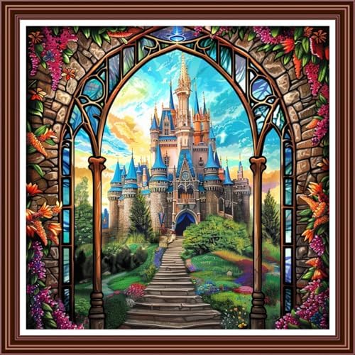 Dimensean Counted Cross Stitch Kit for Beginners, 11CT Unprinted Cross-Stitch Kit Easy Patterns Needlepoint Kit Cross Stitching Embroidery Kit Supplies-Castle Flower Gate 18x18 inch