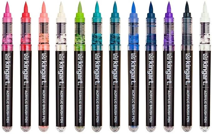 KINGART Acrylic Paint Markers Brush Tip, 12 Lettering Colors. Water-based, no-bleed, waterproof pens with automatic ink control for rock, egg, wood, fabric, glass & DIY crafts