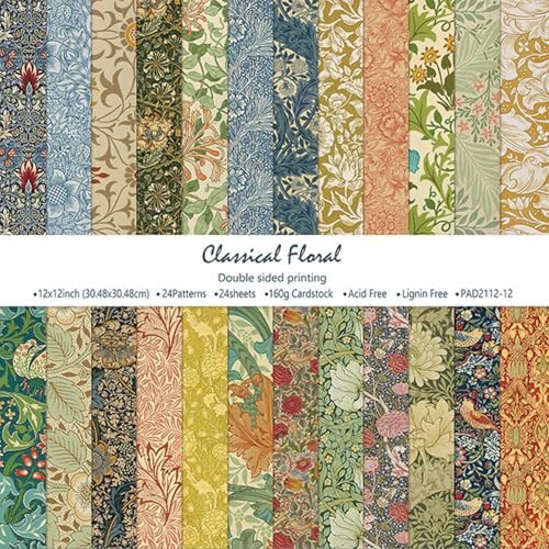 12 x 12in Vintage Flowers Scrapbook Paper Pad,24 Sheets Colorful Artistic Pattern Aesthetics Print Floral DIY Crafts Collage for Photo Album Journals Card Folded Gift Wrapping Material