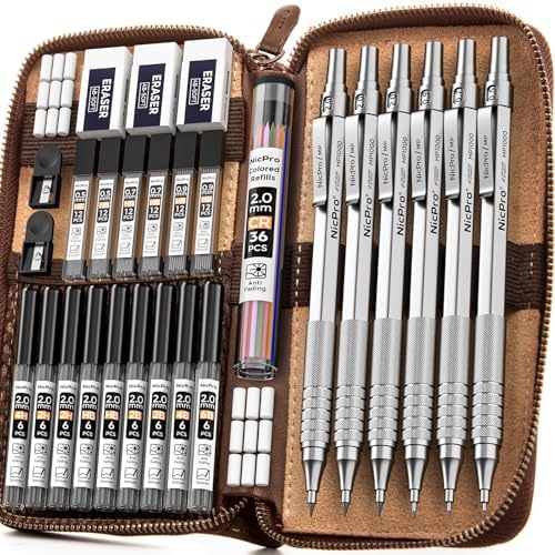 Nicpro 30PCS Silver Metal Mechanical Pencils Set in Leather Case | Art Drafting Pencil 0.5-0.9 mm, 2mm Lead Pencil Holders for Sketching Drawing, 16 Tube (6B 4B 2B HB 2H 4H Colors)Lead Refills