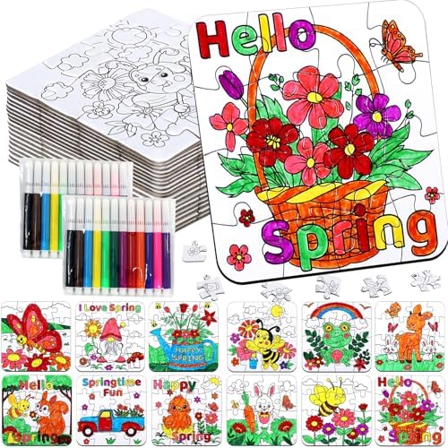 24Pcs Spring Arts and Crafts for Kids & Adults Bulk, Spring DIY Craft Puzzle Kit with Flower Butterfly Bee Bunny, Easter Activities Jigsaw for Classroom Party Favors April Gift Break Projects Supplies