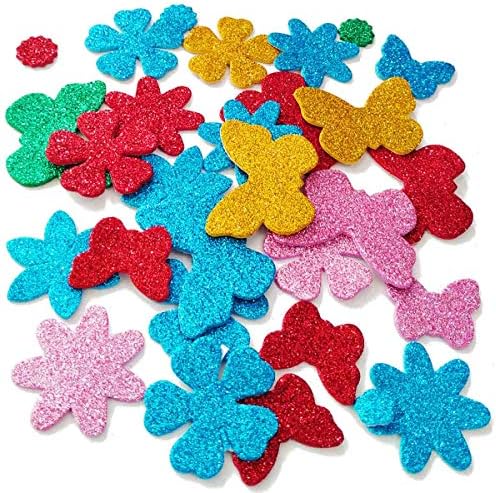 Glitter Foam Flower and Butterfly Shapes Stickers, Self-Adhesive Stickers Kid's Arts Crafts Supplies for Greeting Cards DIY Scrapbooking Cards Creative Toys Home Decoration (Random Colors)