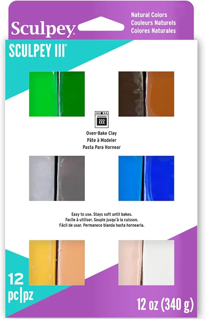 Sculpey III: Polymer Clay: Multipack Naturals - (12) 1oz Packs- Oven Bake Clay, 12 Colors, Non-Toxic, Sculpting, Create Jewelry & Crafts, Art Supplies | Soft non-toxic sculpting clay in 12 earth tones, perfect for jewelry making, DIY home decor, and mi...