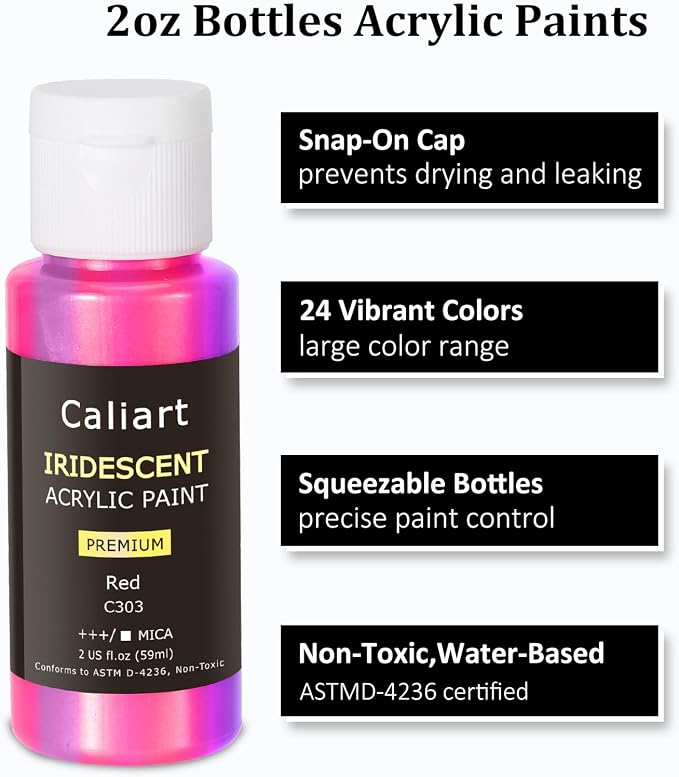 Caliart 24 Chameleon Colors Iridescent Acrylic Paint Set with 12 Brushes ﻿ | Craft Painting kit for Adults Artists Beginners, Rich Pigment Non-toxic, Canvas Wood Rock Pumpkin Ceramic Art Supplies Paint