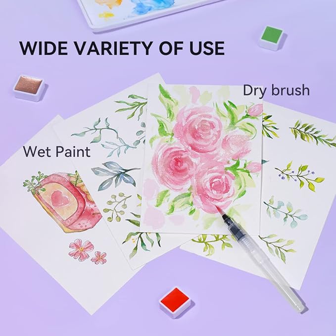 MeiLiang 48 Colors Watercolor Paint Set with Brush | 36 Standard & 12 Glittery Colors, Carrying Box with Metal Ring, Ideal for Beginners, Professionals, and Art Lovers