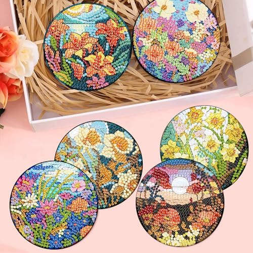 8 Pcs Diamond Art Coasters Kit for Adult with Holder, Diamond Coaster 4x4in