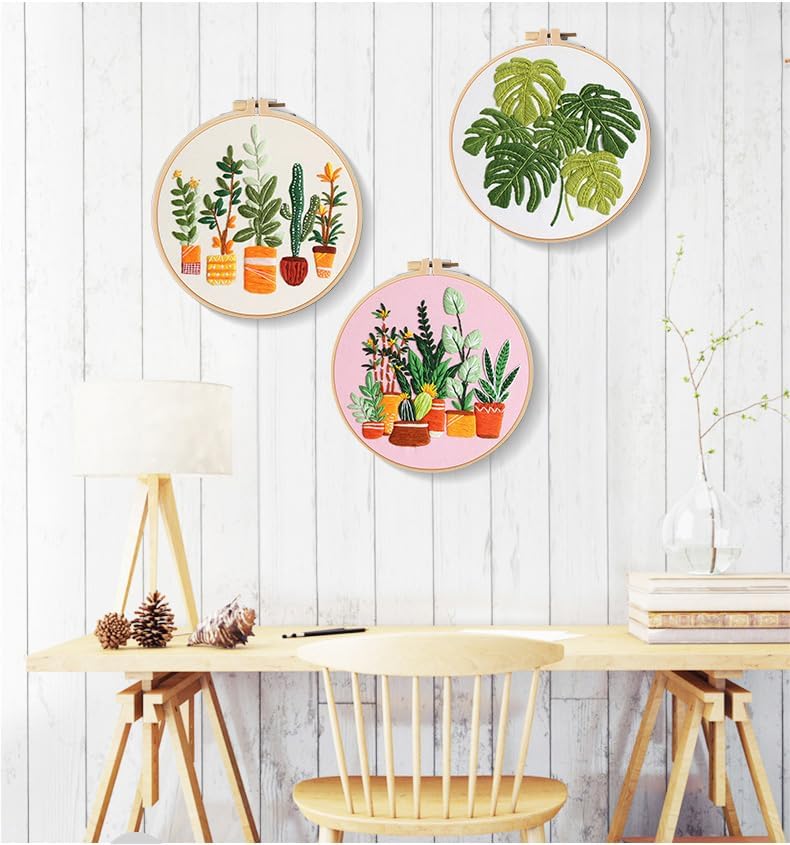 Konrisa Embroidery Kits for Adults Beginner, European Style Garden Plant Green Leaf Stamped Embroidery Starter Kit,DIY Sewing Practice, Needlepoint Cross Stitch Kit,Set of 3