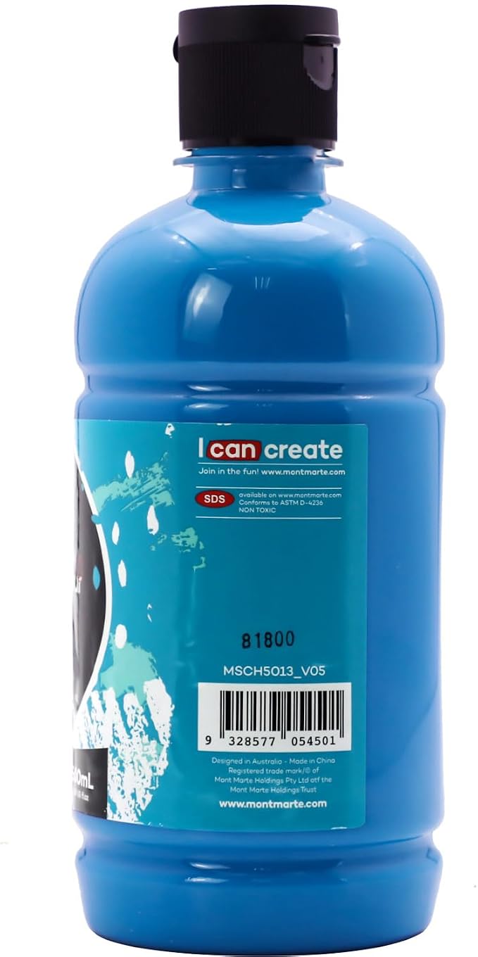 Mont Marte Signature Cerulean Blue Acrylic Paint, 16.9oz (500ml), Semi-Matte Finish, Suitable for Canvas, Wood, Fabric, Leather, Cardboard, Paper, MDF and Crafts