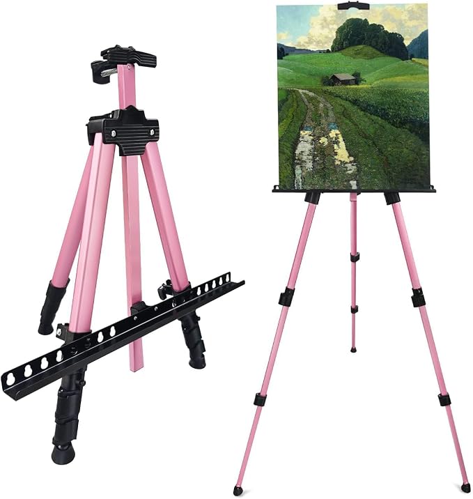 RRFTOK Pink 17-66 Inch Adjustable Art Easel Stand for Painting and Sign | Portable aluminum tripod easel for painting, sign, canvas holder, floor and display use