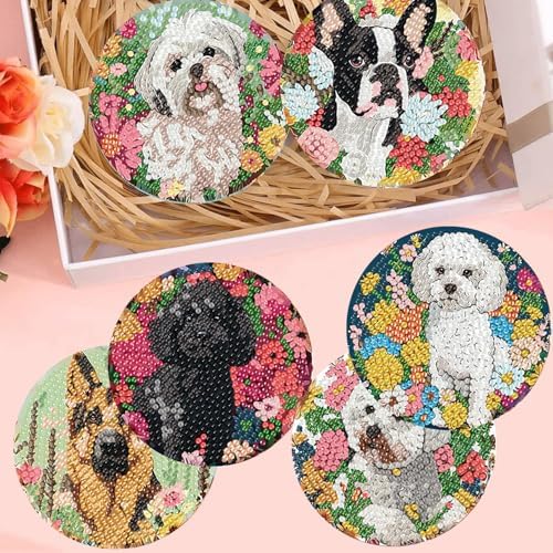 8 Pack Diamond Art Coasters,Dog Flowers Diamond Painting Coasters Kits