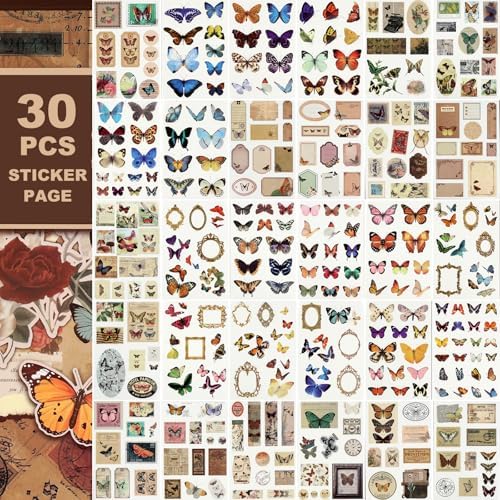 Vintage Scrapbook Stickers - 300 Butterfly Pre-Cut for Journaling, 20 Scrapbook Paper Washi for Scrapbooking and Journaling
