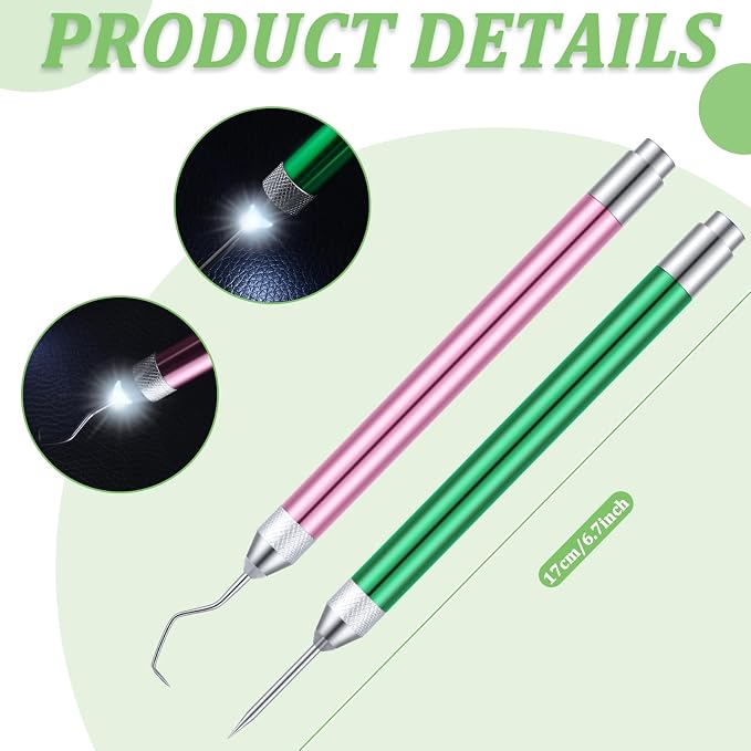 Therwen 2 Pcs LED Vinyl Weeding Pen Tools with Hook Tips, Pink, Green | Built-in LED Light, Tiny Vinyl Detail Removal, for Heat Transfer, Compatible with Silhouette Machines