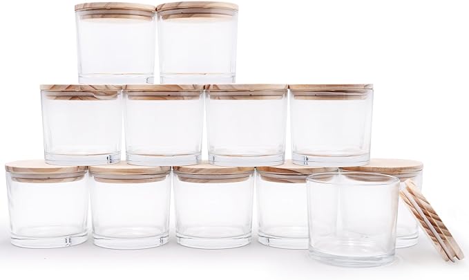 SHOWIN 12 OZ Thick Candle Jars for Making Candles 12 Pcs, Empty Jars with Wood Lids for Spice Jars, Sample Container, Clear