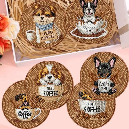 8 Pack Diamond Art Coasters,Coffee Dog Diamond Painting Coasters Kits