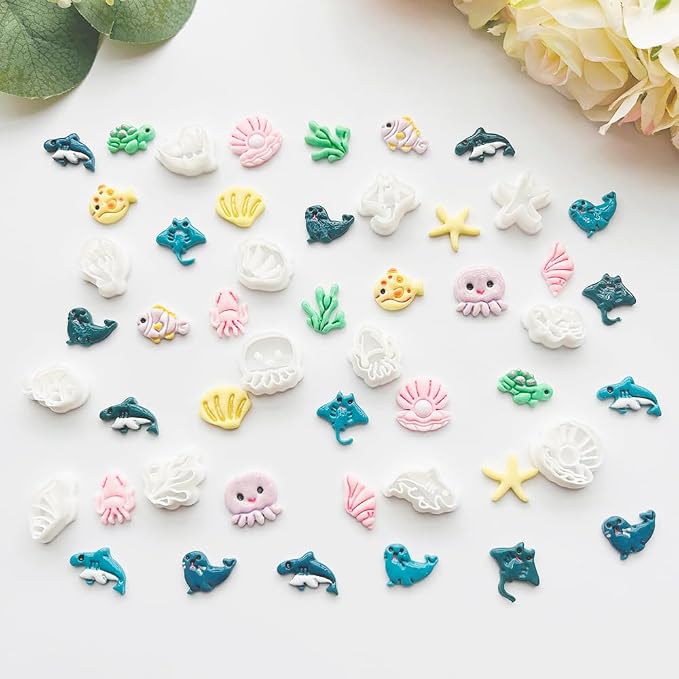 Under The Sea Polymer Clay Cutters Set - 13pcs Ocean Life Shapes Including Seal, Turtle, Jellyfish, Starfish, Dolphin & Shells for DIY Earring Jewelry, Soft Clay Crafts & Scrapbooking