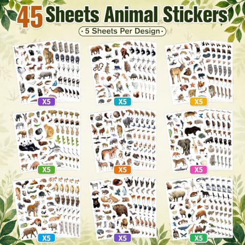 LINAYE 45 Sheets Animals Stickers for Kids Jungle Zoo Animals Stickers