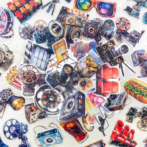50 Pcs Vintage Movie Projector Stickers Clear Film Camera Retro Cinema Aesthetic Scrapbook Decals Waterproof PET Stickers for Journals Laptops Notebooks Art Crafts