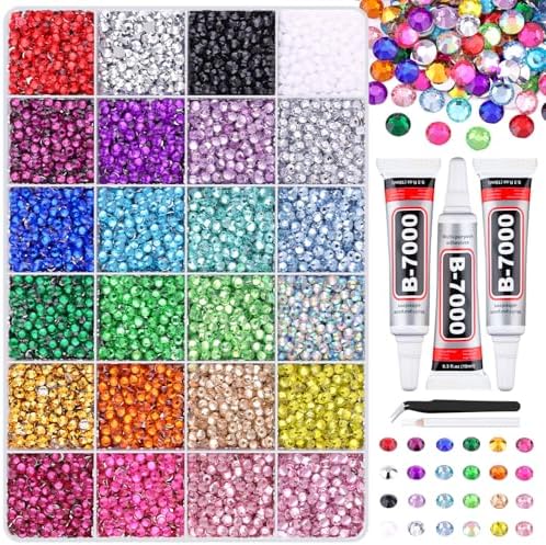 12600Pcs Resin Rhinestones for Crafting with Tweezers, Multicolor 4mm Bedazzling Crystal with 3Pcs 10ml B7000 Jewelry Glue for DIY Crafts Clothing Tumblers Shoes Fabric Nail Art