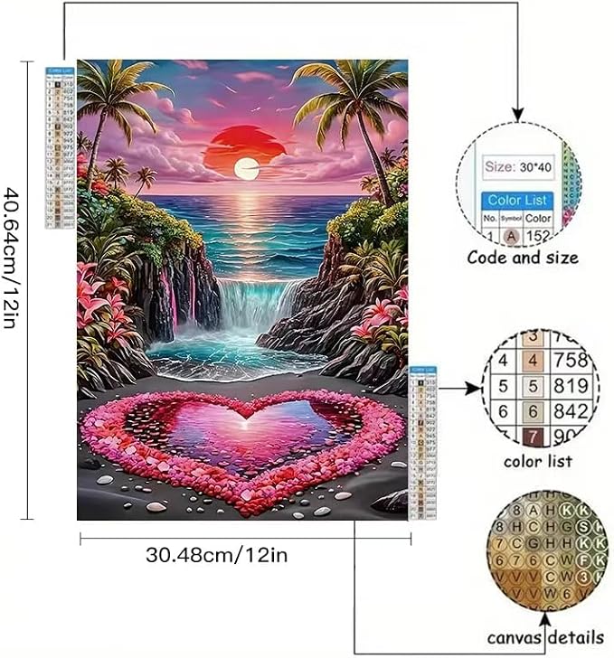 YUXUANKANG Diamond Painting Kit, Tropical Beach Sunset with Waterfall and Heart, Colorful Landscape Art 12x16 inch