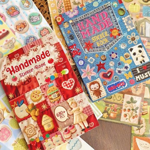 PRSTINCOL 2 in 1 Japanese Sticker Book Combo Set with Red and Blue Patterned Die Cut Stickers 60 Sheets for Journaling