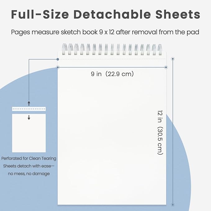 Cewei Drawing Pad 9x12, 100 Sheets Hardcover Spiral Bound, 68lb/100gsm White Paper Drawing Pad for Kids.