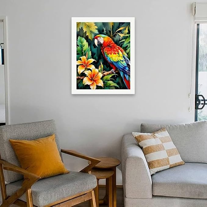 Tropical Bird Paint by Numbers Kit for Adults - DIY Parrot with Hibiscus Flowers Painting on Canvas 16x20 Inches, Acrylic Paint Set, Suitable for Beginners, Art for Home Decoration or Gifts